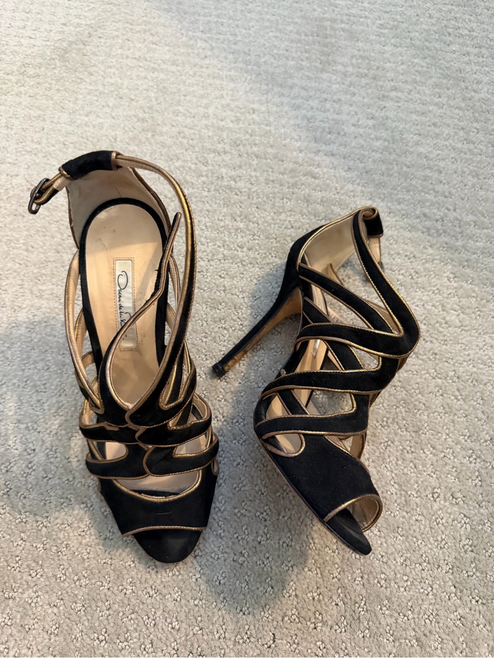 Oscar de la Renta Black Suede with Gold Trim Stiletto Sandals